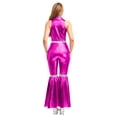 thumbnail image 2 of YiZYiF Womens Metallic Shiny 70s 80s Disco Outfit V neck Sleeveless Bell Bottom Dance Jumpsuit Hot Pink M, 2 of 6