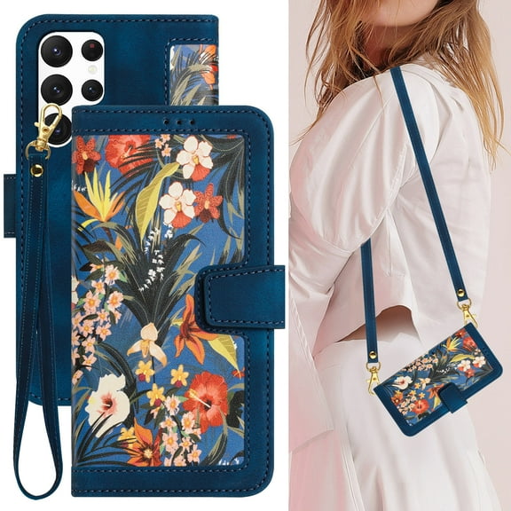 Cowithday Galaxy A53 5G Case, PU Leather Magnetic Closure RFID Blocking Card Slots Kickstand Shockproof Flip Wallet Handbag Flowers Case Cover with Wrist Strap Shoulder Strap for Women & Girl,Darkblue