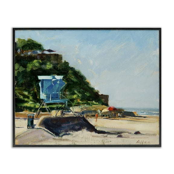Stupell Industries Beach Guard Tower Landscape & Nature Painting Black Framed Art Print Wall Art, 14 x 11