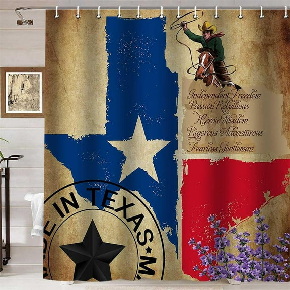Western Cowboy Shower Curtain, Texas Map Shower Curtain, Texas Star Flag Lavender Wild West Vintage Country Rustic Farmhouse Bathroom Decor Waterproof Fabric Brown Shower Curtain, 72 X 72 Inch
