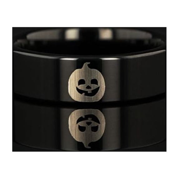 Happy Jack-O-Lantern Engraved Flat Polished Black Tungsten Ring (Morpheus) - 4mm - 12mm