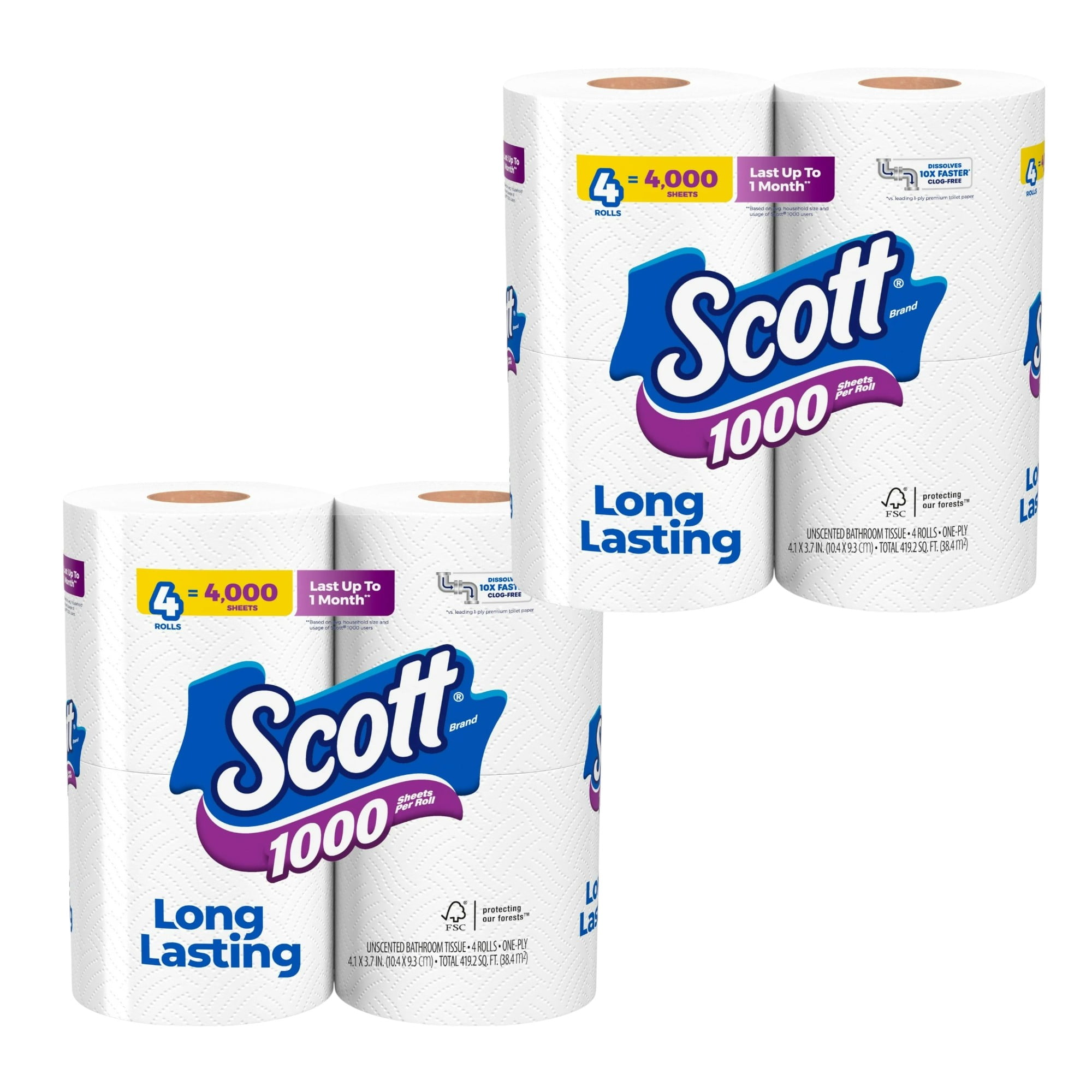 (2 pack) Scott 1000 Toilet Paper, 4 Rolls, 1,000 Sheets per Roll
