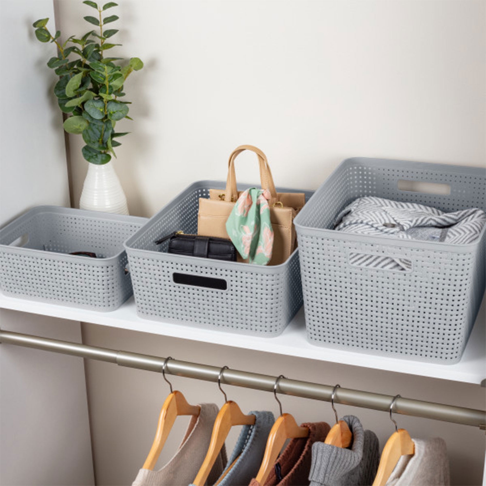 Sterilite 14 x 11.5 x 5'' Woven Plastic Storage Basket Organizers, Cement, 6 Pack