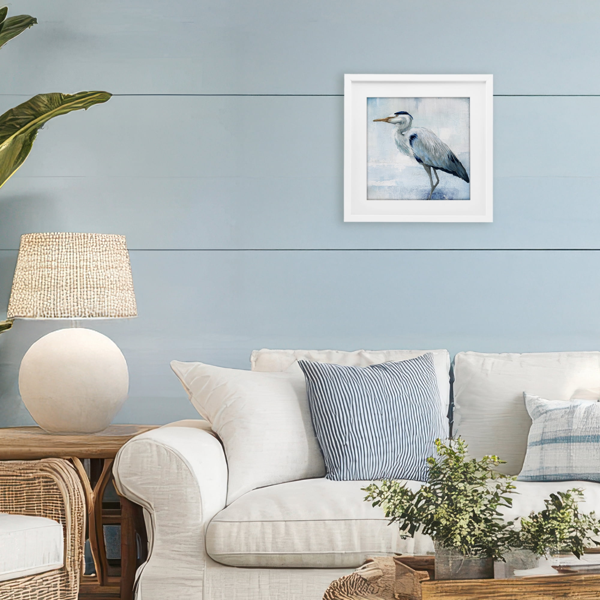 Stupell Industries Faded Blue Heron White Framed Print Under Glass, design by Nan