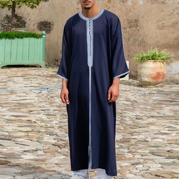 YaoYar Men's Moroccan Style Long Sleeved Round Neck Embroidered Buckle Holiday Gift Giving Muslim Robe Prayer Kaftan Islamic Arabic Abaya