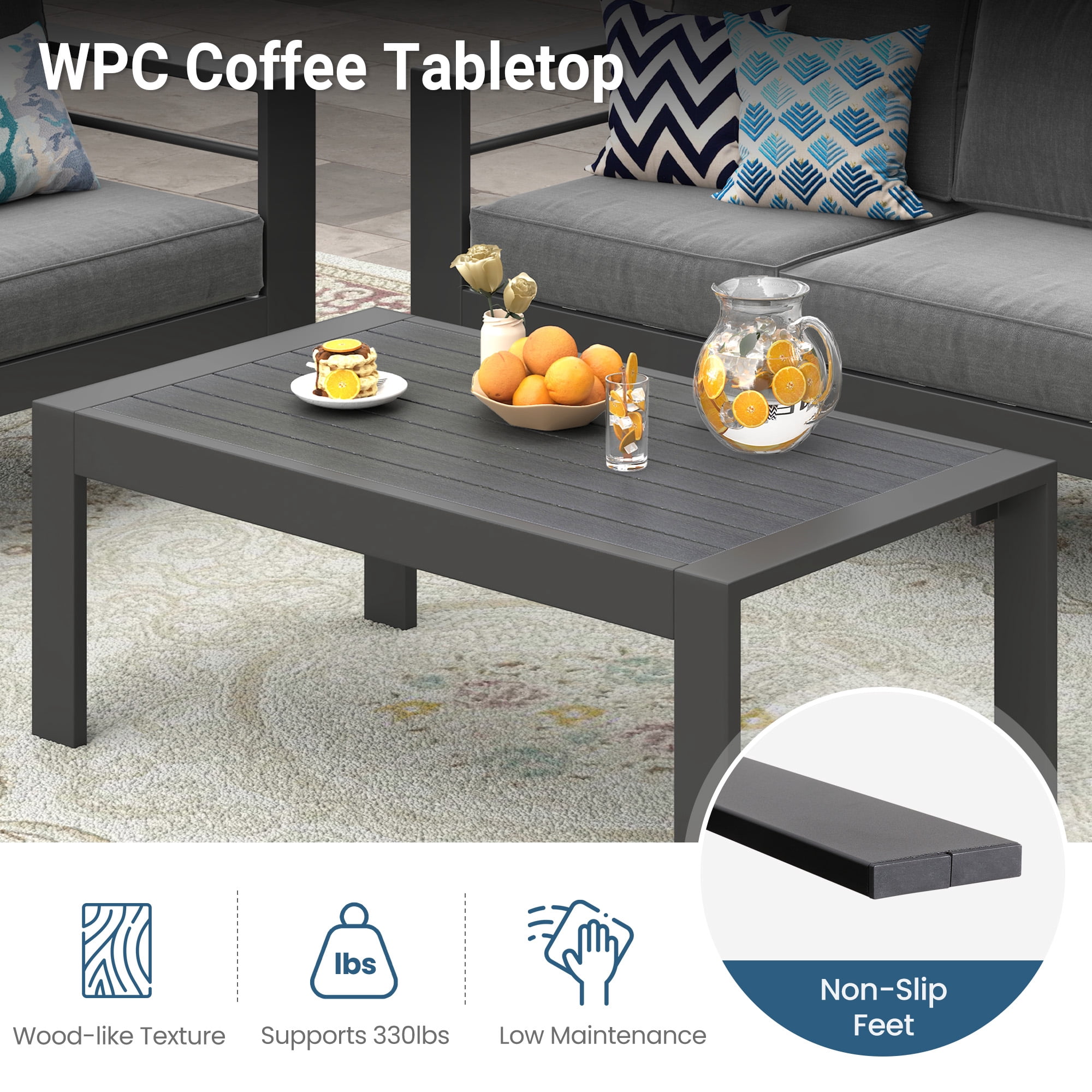 CozyHom Outdoor Patio Aluminum Coffee Table, Modern Patio Rectangular Metal Coffee Table, Gray