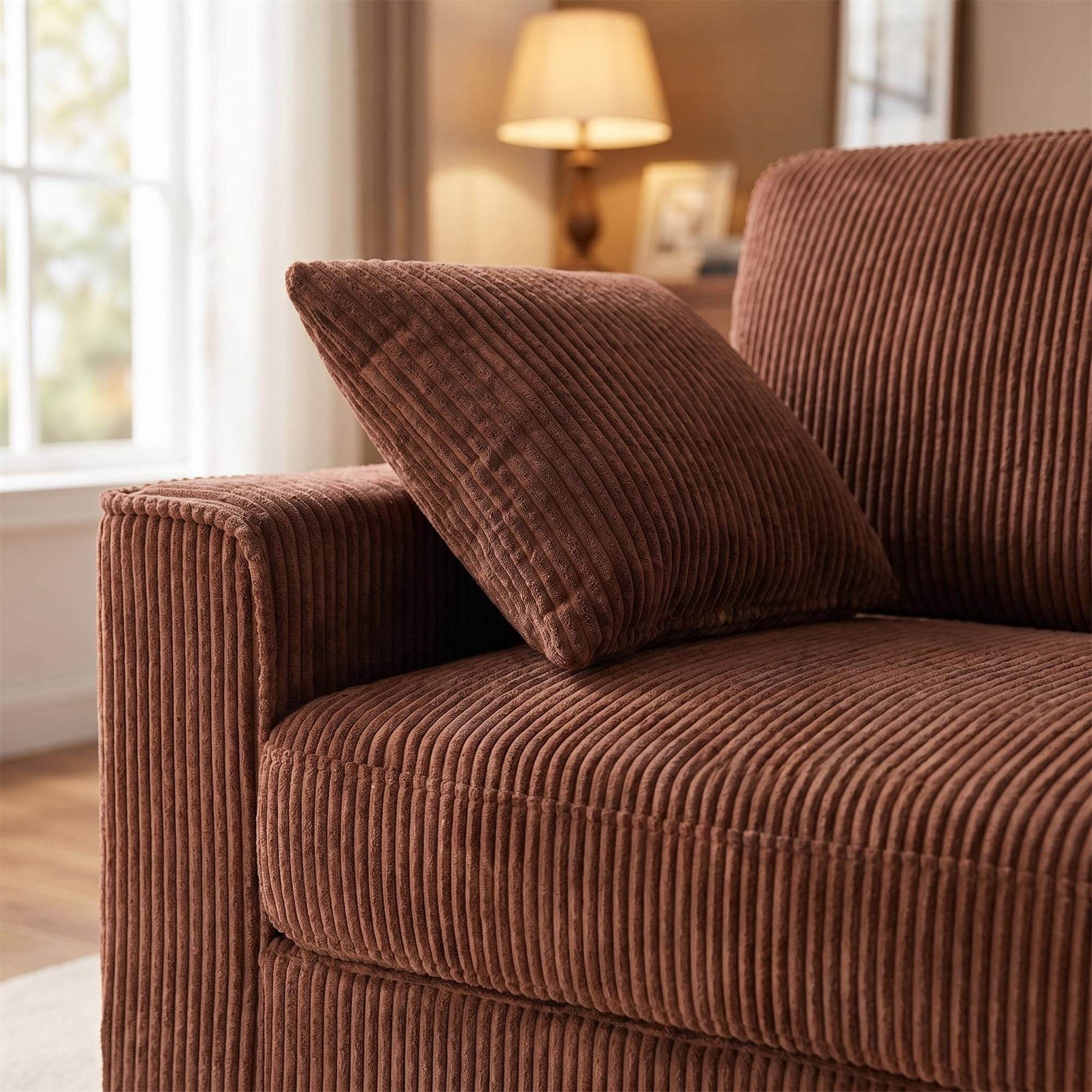 Aukfa 82" Square Arm Sofa 3 Seat Deep Seat Upholstered Couch for Living Room Bedroom, 2 Pillows, Corduroy, Coffee
