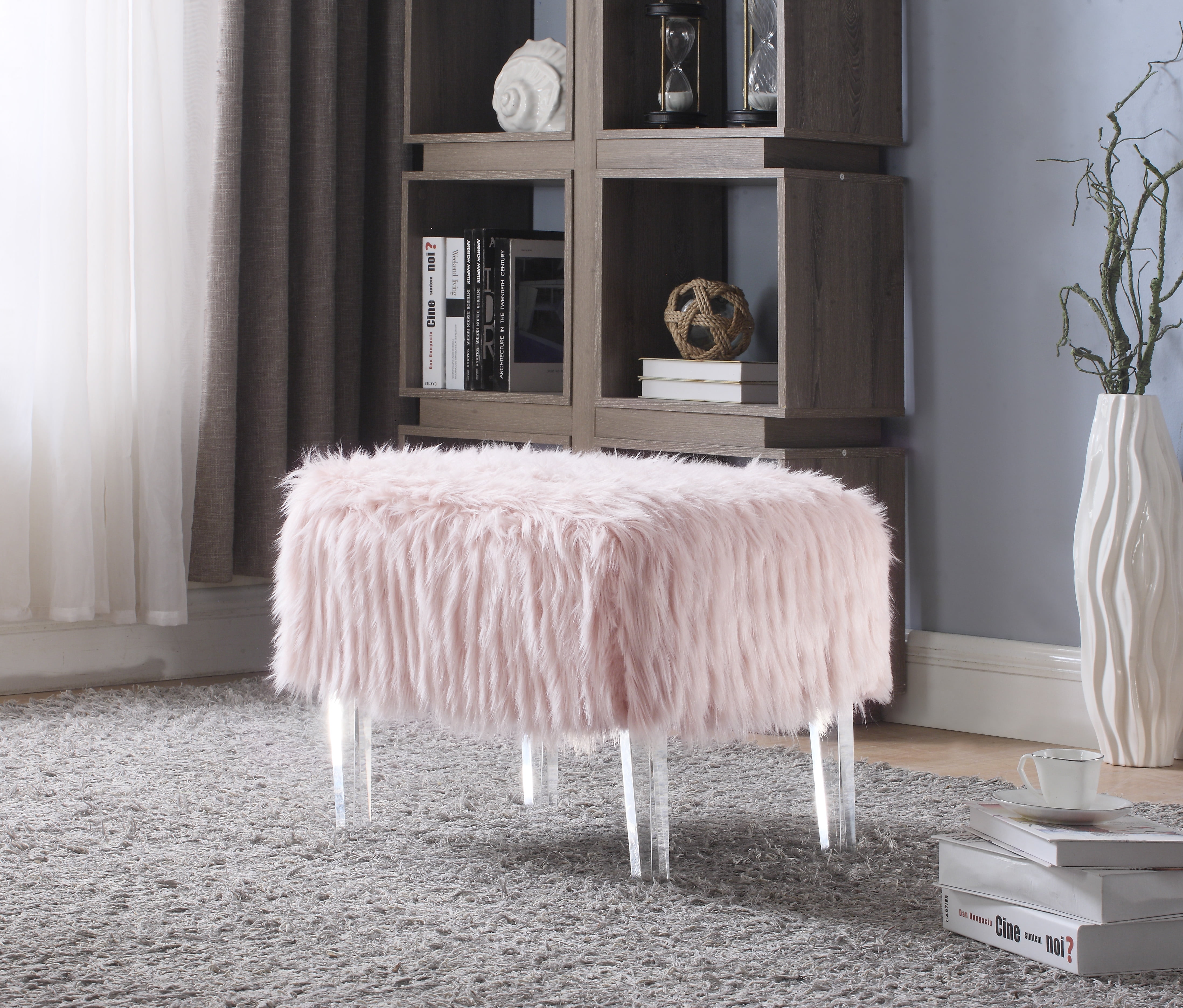 Chic Home Ricco Modern Contemporary Faux Fur Acrylic Leg Ottoman