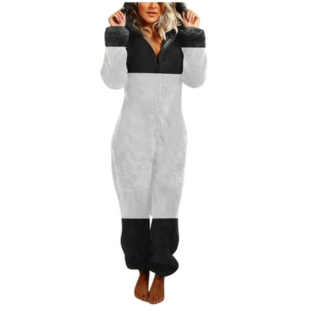 

Frehsky jumpsuits for women Women s Artificial Wool Long Sleeve Pajamas Casual Solid Color Zipper Loose Hooded Jumpsuit Pajamas Casual Winter Warm Rompe Cute Ears Sleepwear White