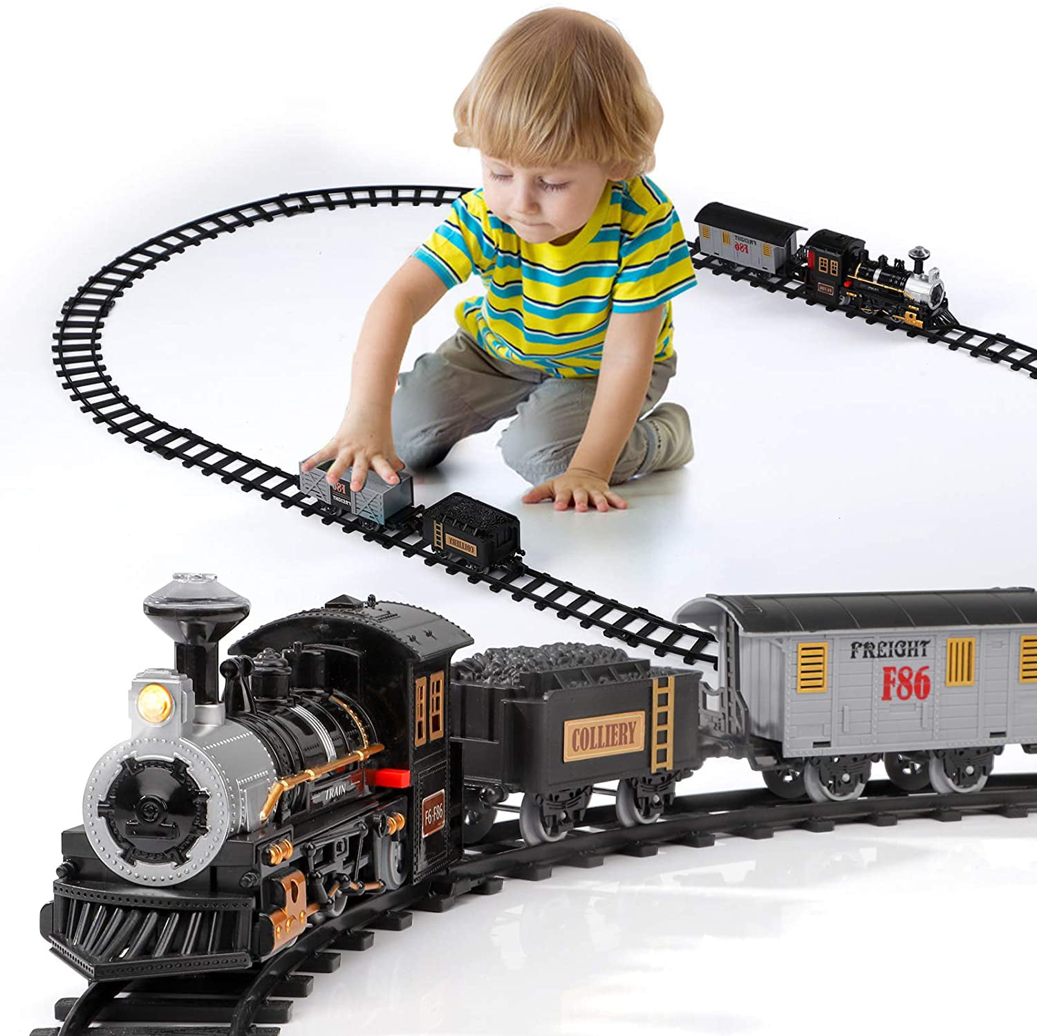 iLearn Toddler Train Set Toy w/ Lights & Sound for Boys Girls Kids Educational Preschool Learning Gift for 1 2 3 4 5 6 Year Old iPlay Baby Buildable Train Tracks Accessories w/ Building Blocks