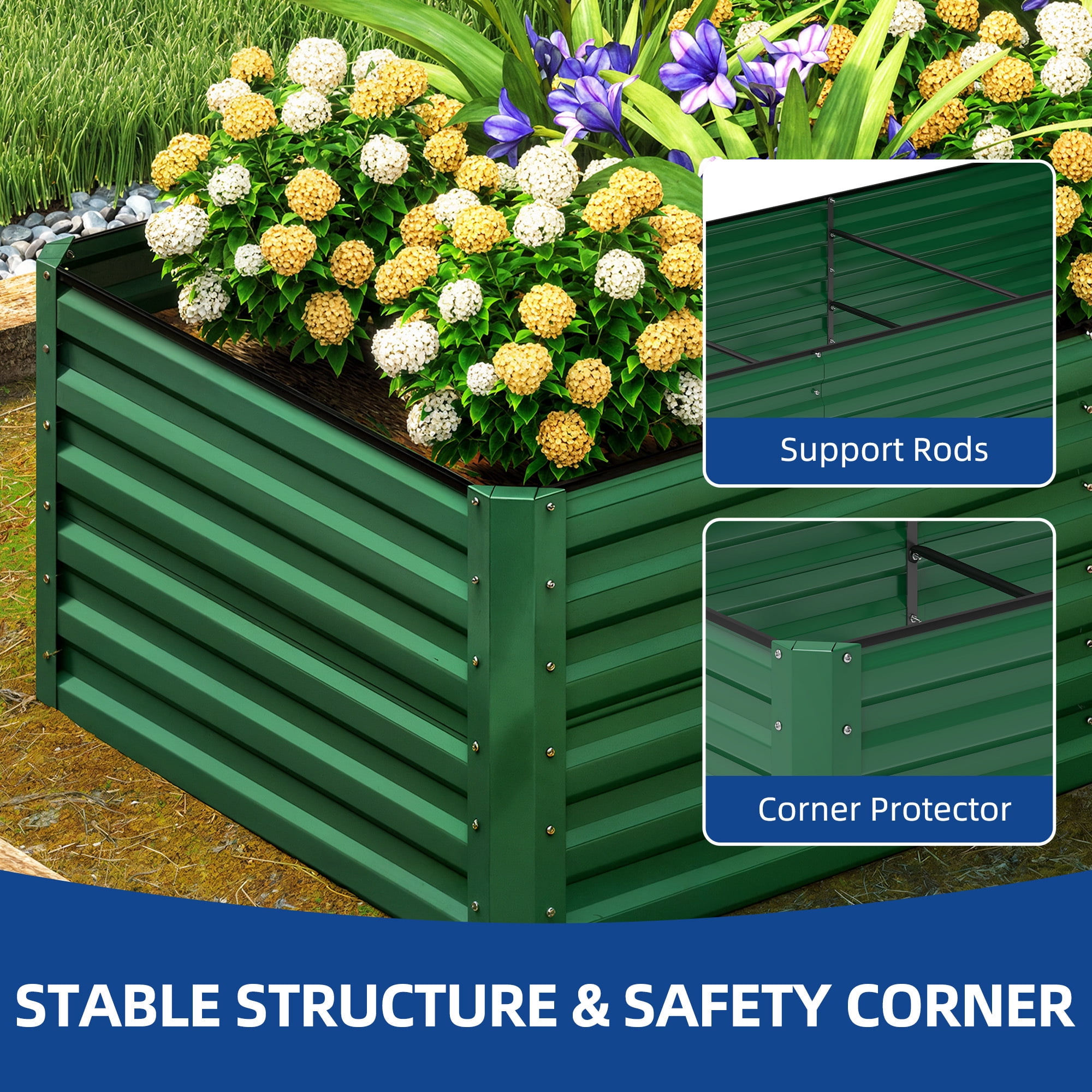 Uforic 8X4X2FT Galvanized Metal Raised Garden Bed Kit with Safety Rubber & Gardening Gloves, Outdoor Large Planter Box for Vegetables Flowers Herbs Fruits, Green