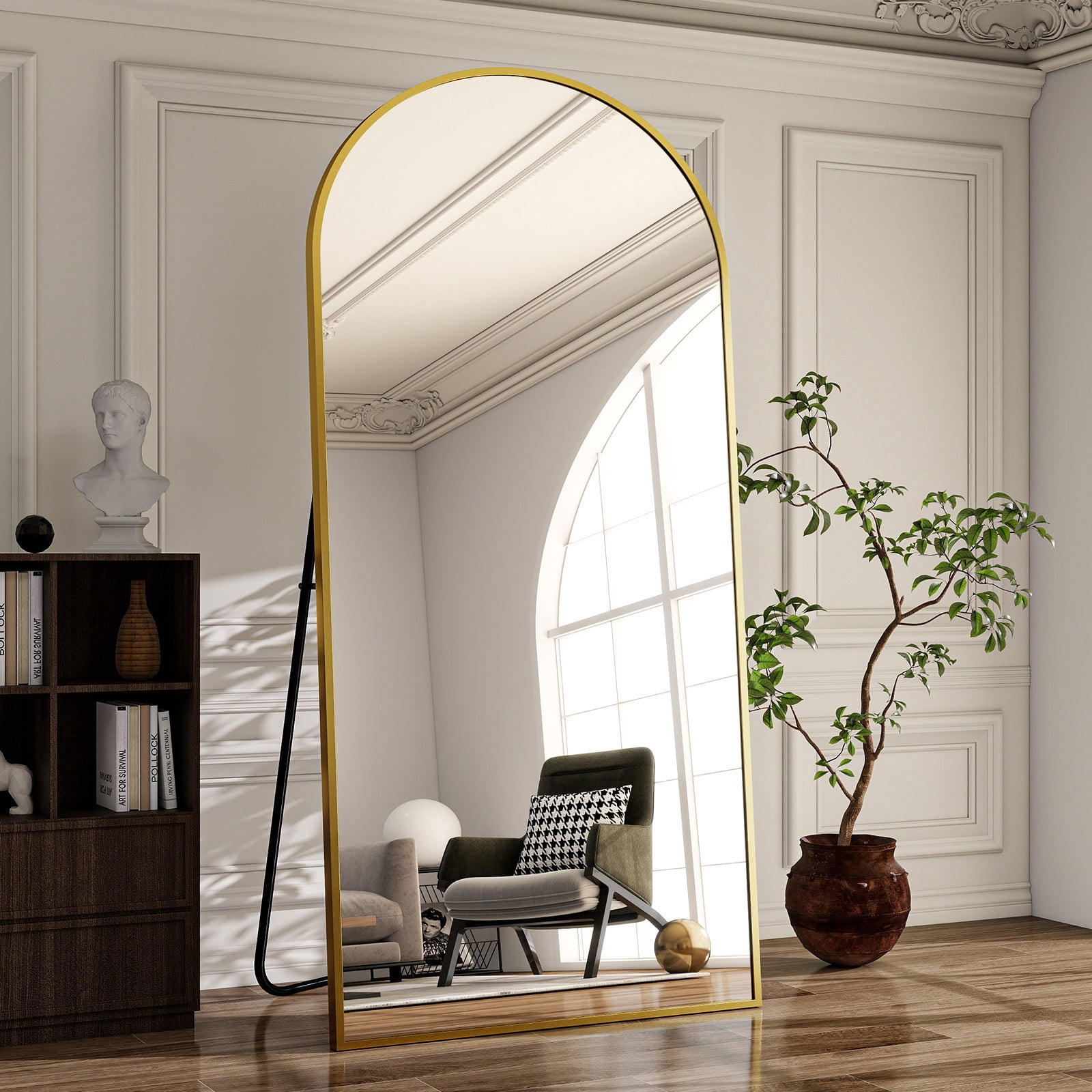 Easy4Home 71"x 30" Arch-Top Oversized Full Length Mirror Metal Frame Freestading Floor Mirror, Gold