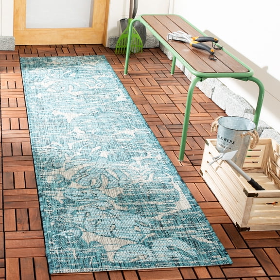 SAFAVIEH Courtyard Emma Floral Indoor/Outdoor Runner, 2'3" x 8', Grey/Aqua