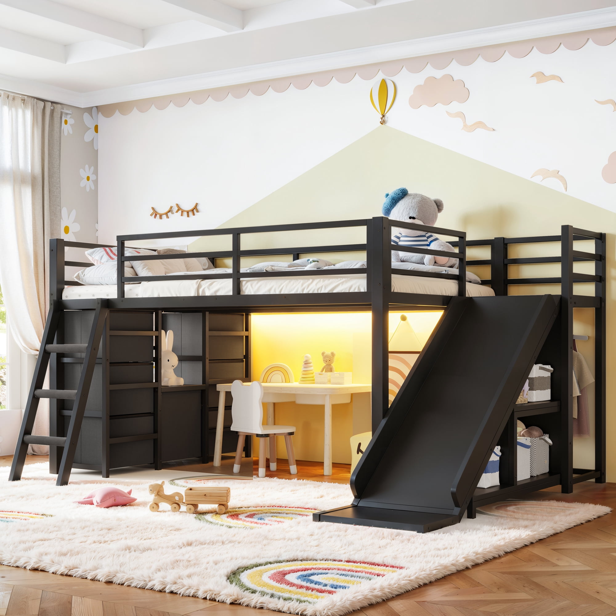 Leumius Twin Size Metal Loft Bed with Slide & Ladder, Metal Loft Bed with Storage Drawers and Hanging Area, LED Lights,Black