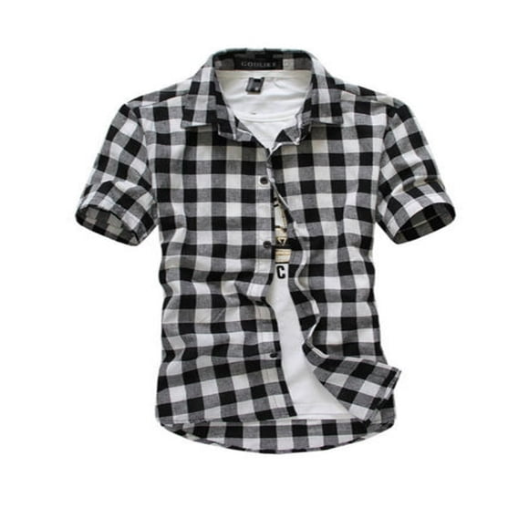 Men Summer Plaid Shirt Checkered Shirts Short Sleeve Slim Fit Tops
