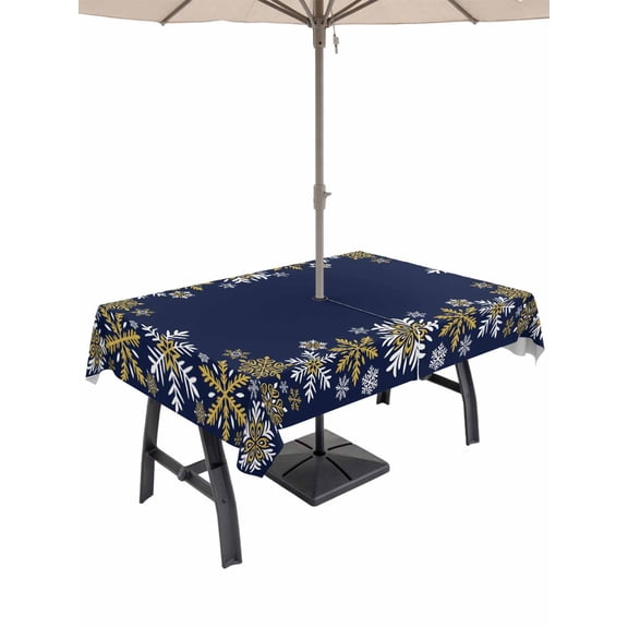 Outdoor Tablecloth with Umbrella Hole and Zipper, Christmas Blue Rectangle Table Cloth 60x102 Inch Waterproof Tablecloth, Xmas Golden Snowflakes Winter Vintage Picnic Table Cover for Patio Camping