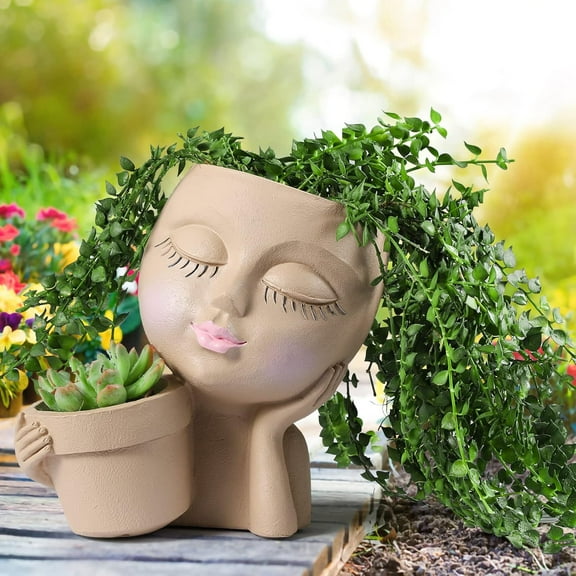 Face Planter Pot - Double Flower Pots in One for Indoor Outdoor Plants Resin Head Planter with Drainage Hole Cute Lady Face