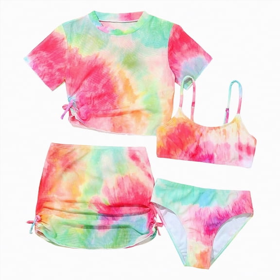 TOWED22 Girls Swimsuit V Neck Adjustable Straps Stylish Bikini with Cover Up 3 Piece Set Bathing Suits for Teen Girl(Pink,6-7 Y)