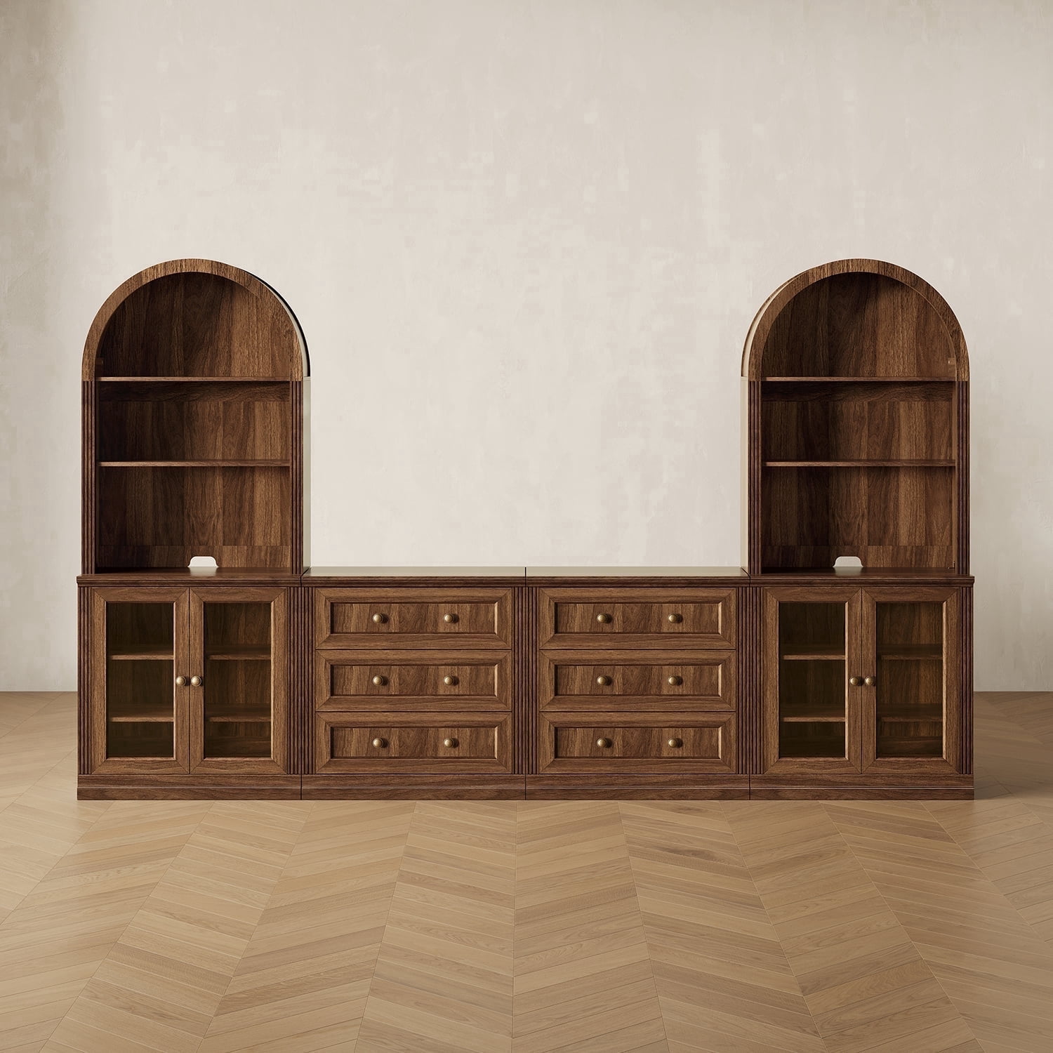 CHIC HOUSE 4 Piece Arched Entertainment Center with Storage, Modular TV Stand for TVs up to 65", 3-Drawer Dressers, Acrylic Display Cabinets & Arched Bookshelves, Walnut