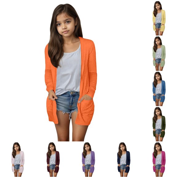 Huowey Stylish Girls Toddler Kids Summer Fall Cardigan Tops With Pocket Solid Color Long Sleeve Open Front Coat Jacket Casual Comfortable Lightweight School Beach Outwear,Orange,130
