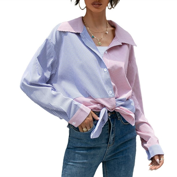 Camisa holgada de mujer con botones de empalme a rayas de manga larga Camisas de gran tamaño Irfora Medio