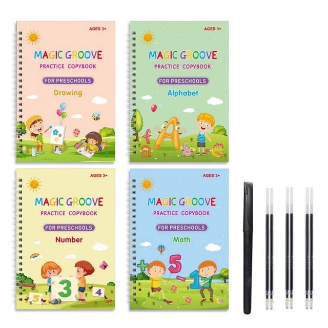 CHOK Reusable Grooved Handwriting Workbooks Reusable Copybook Writing Practice Copy Books for Preschools Grooves Template Design and Handwriting Aid Practice for Age 3-8 (4 Books with Pe