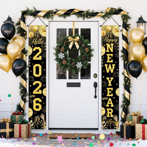 New Years Eve Porch Sign Banner for 2026 Gold Happy New Year Door Decorations Party Hanging Banner Great New Years Decorations for Outdoor Indoor Home Wall