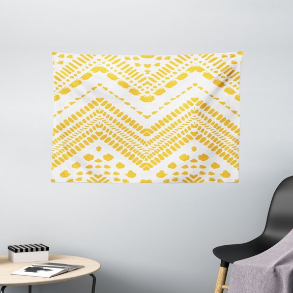 Yellow Chevron Tapestry, Hand Drawn Tribal Aztec African Pattern Ethnic Motif with Dashed Lines, Wall Hanging for Bedroom Living Room Dorm Decor, 60W X 40L Inches, Marigold White, by Ambesonne