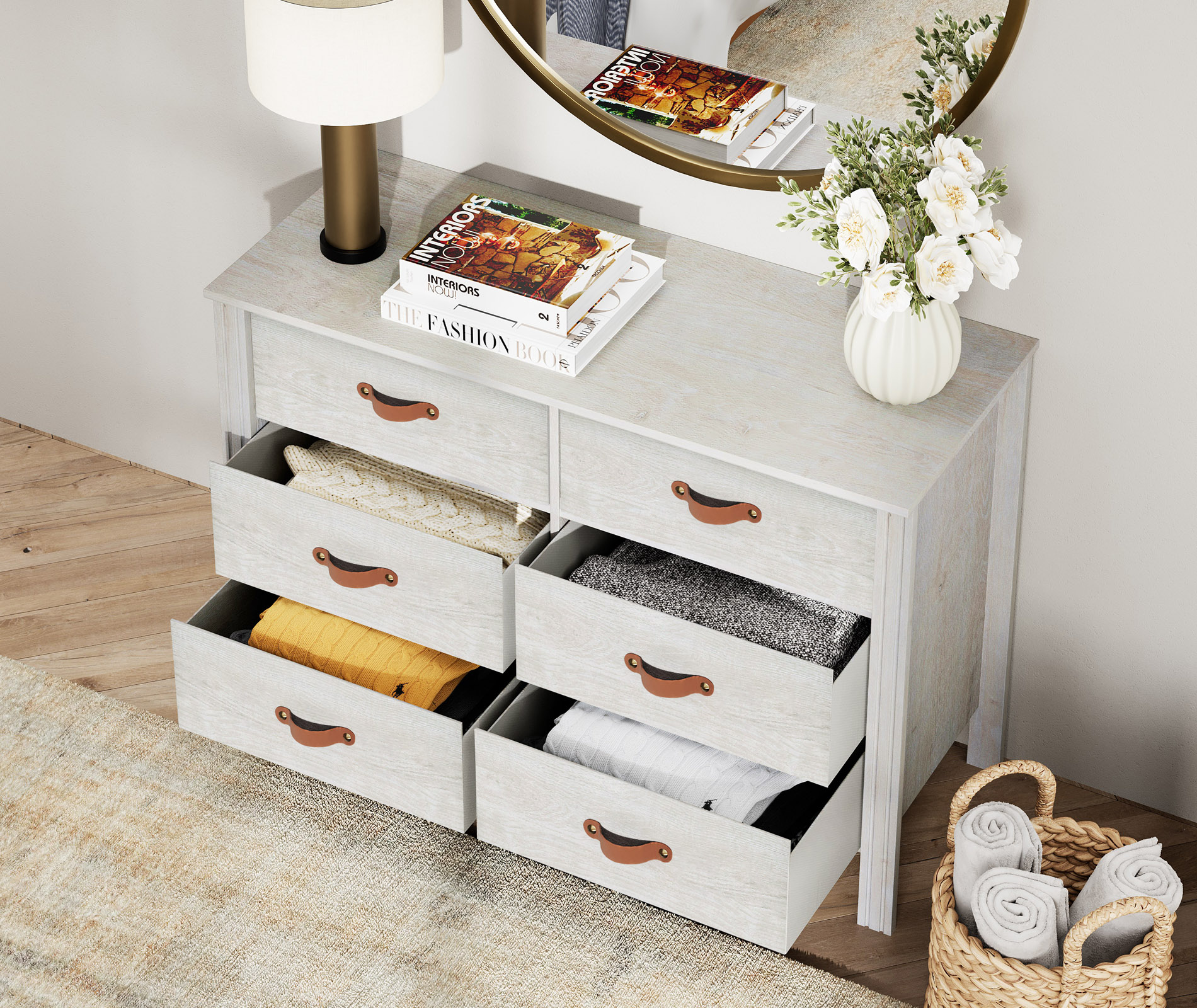 Dresser for Bedroom, Wood Dresser with 6 Drawers, Storage Cabinet for Living Room, Hallway, White