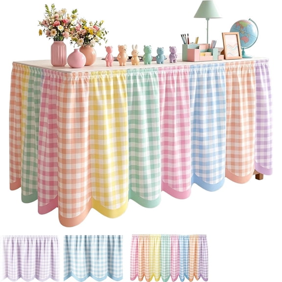 Teacher Desk Skirt - Checkered Ruffle | 6FT Table Cover | Cloth, Hides Legs & Stored Items, 180x75cm, 120g, For Classroom Decor, Campus Events, Offices & Parties