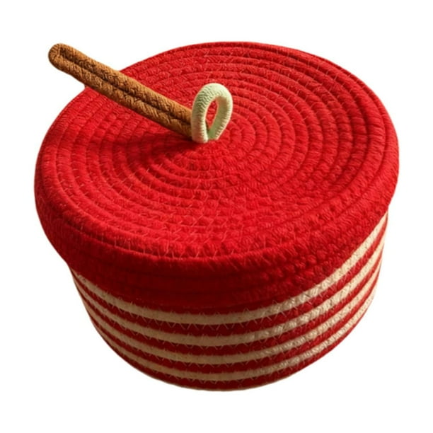 Cesta de almacenamiento de cuerda redonda con tapa tejida para decoración del hogar, vacía, multiusos Manzana
