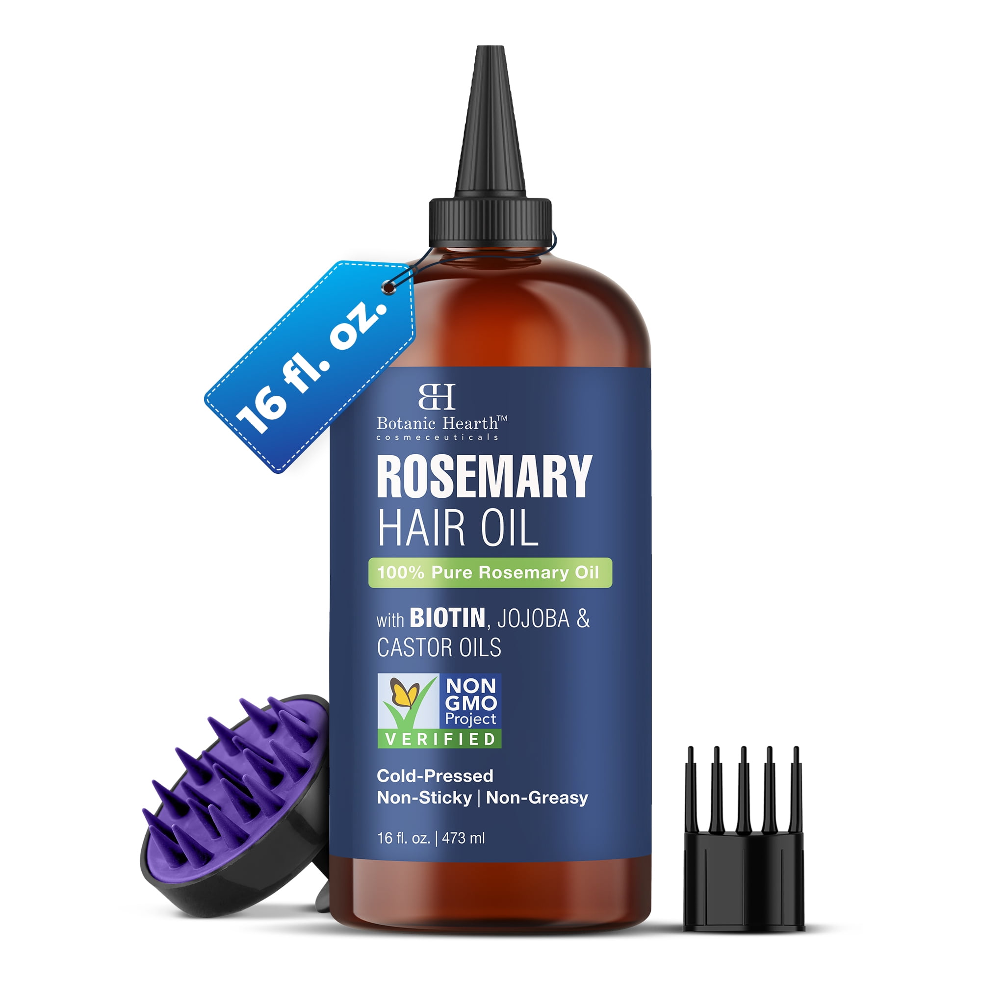 Botanic Hearth Rosemary 16 fl oz HAIR OIL (Carrier oil PET bottle packging + Ambered colour + inner plug + nozzle + combo applicator + With Scalp Massager +Shrink Sleeve without monocarton