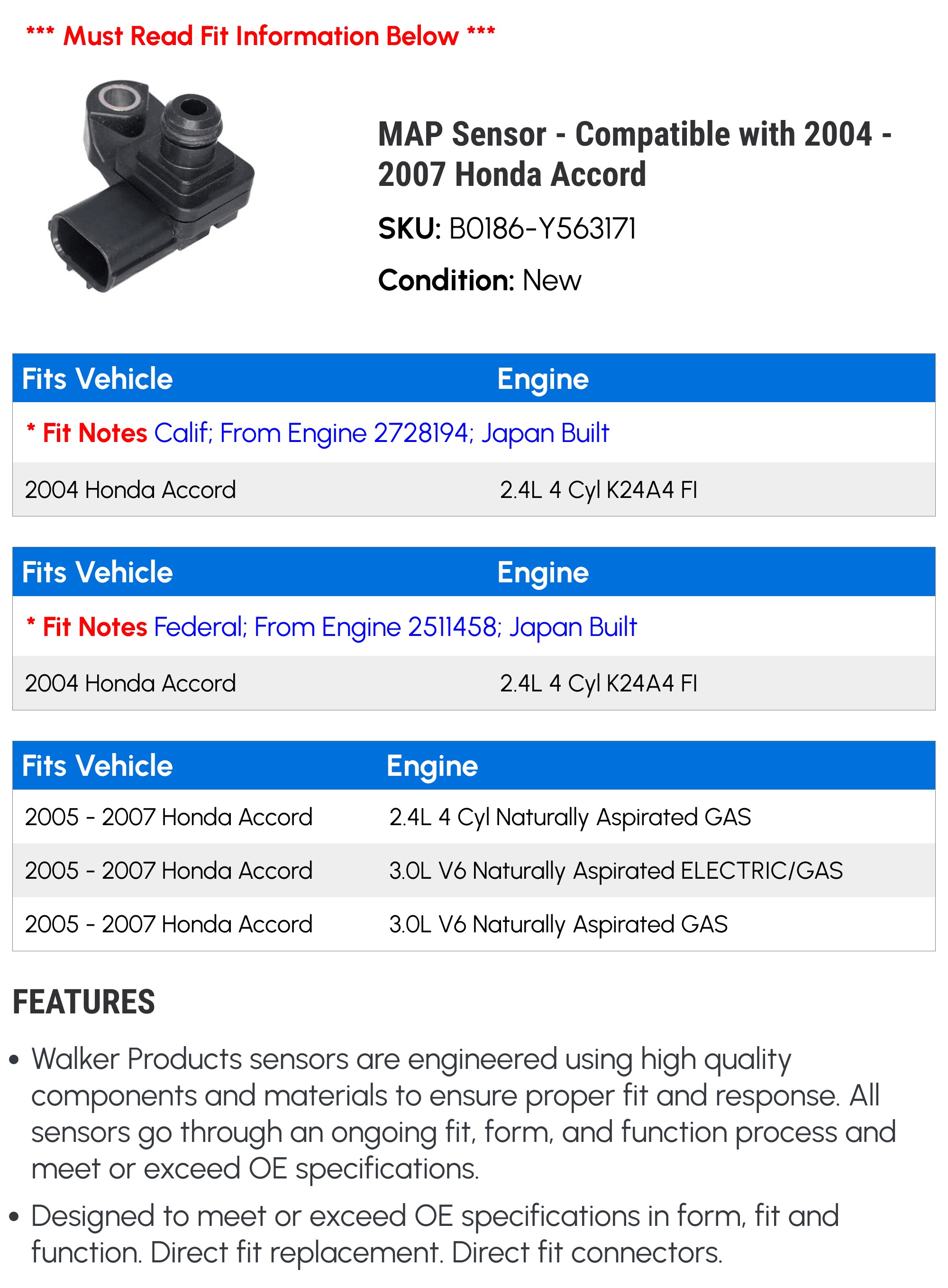 MAP Sensor - Compatible with 2004 - 2007 Honda Accord 2005 2006
