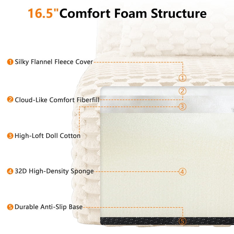 146" Modern L-Shaped Modular Sectional Sofa for Living Room,Flannelette Fabric,Oversized 4-Seater Couch,boneless sofa ,Movable Ottoman,Buckle connection,Anti-slip Design,No Assembly,White