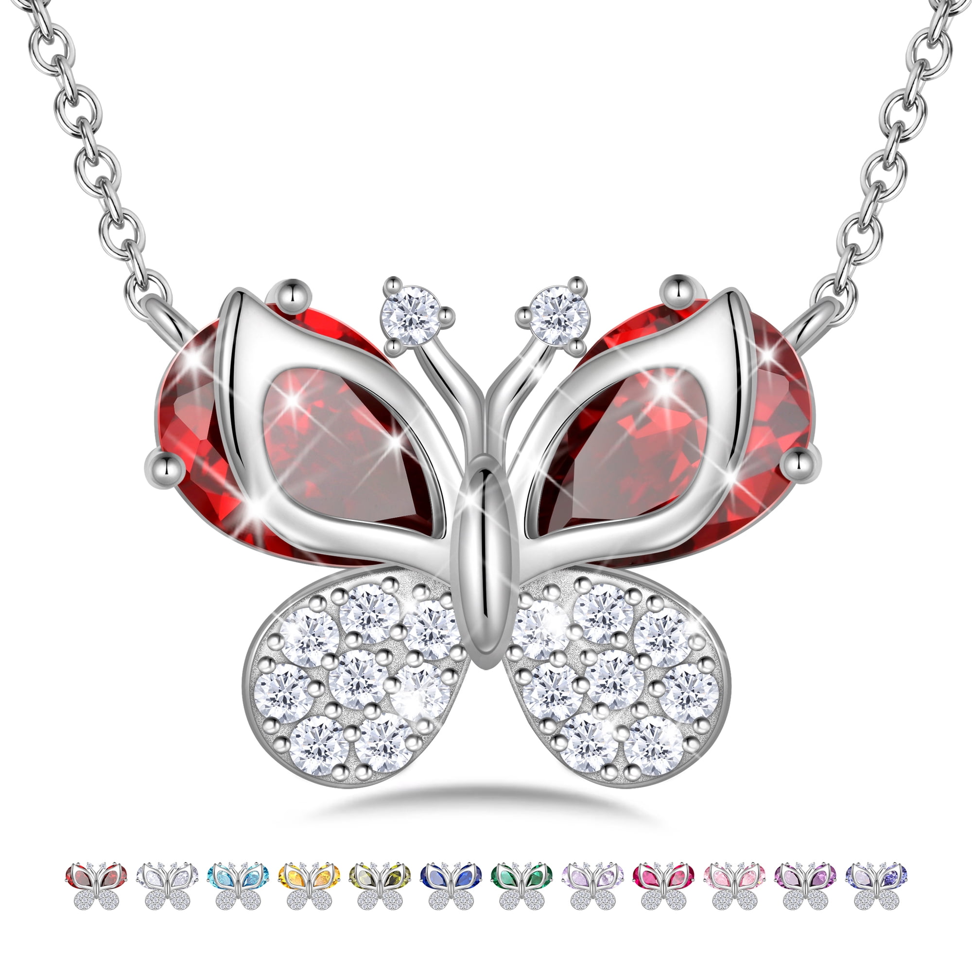 Ydou Butterfly Necklace for Women,925 Sterling Silver January Birthstone Necklace Garnet Red Necklace Valentines Mother's Day Gift for Wife Mom