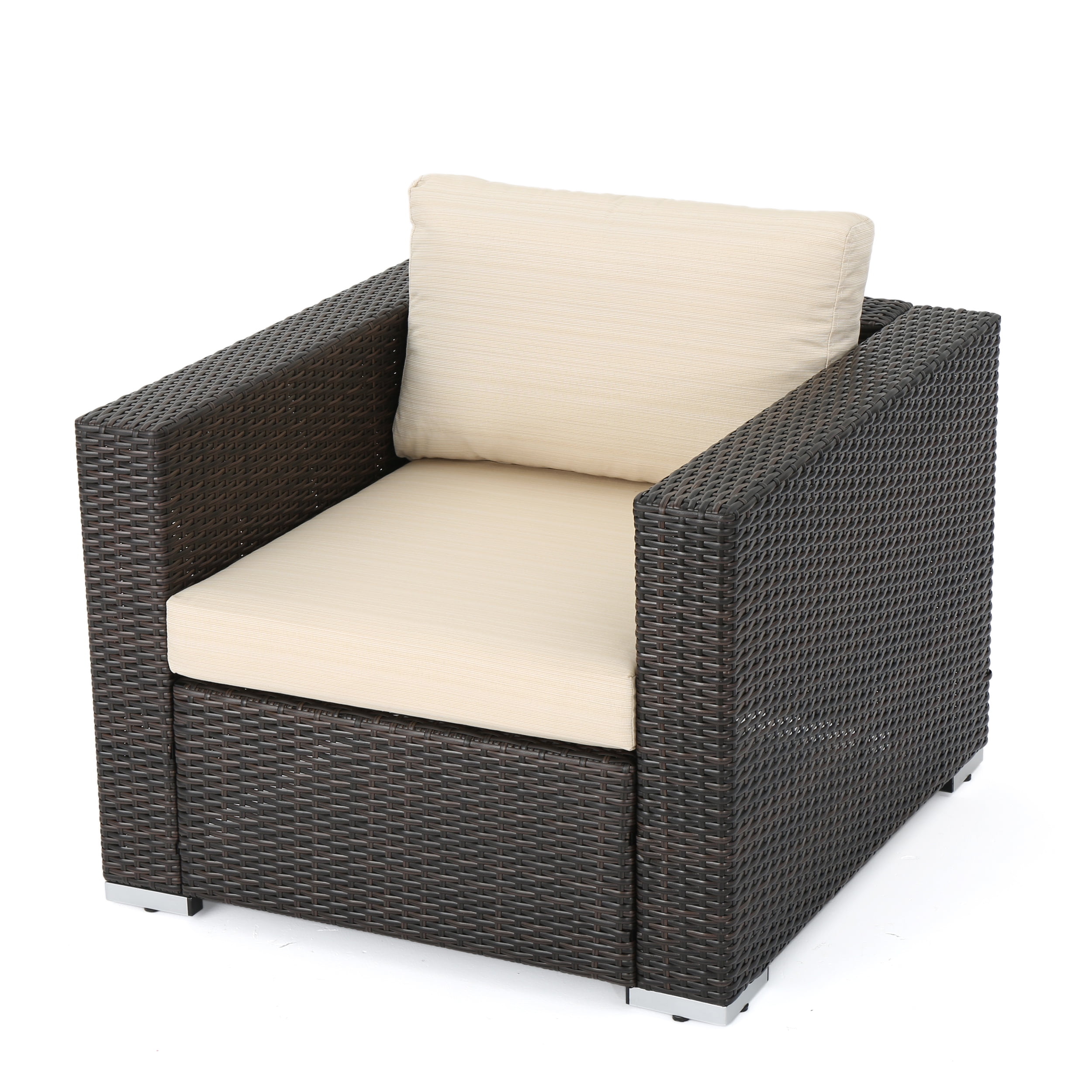 Faviola Outdoor 4 Seater Wicker Chat Set with Aluminum Frame and Cushions, Multibrown, Beige