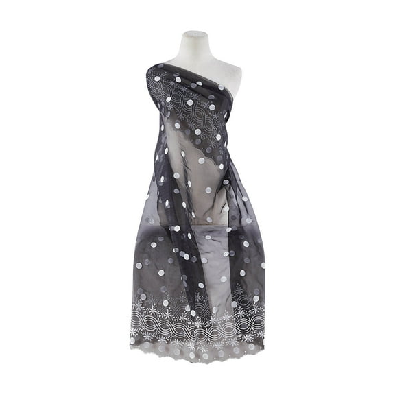 Zelouf Double Border Floral Braid & Dots Embr Cut Scallop  , Sewing, DIY, Crafts Fabric by the Yard, Black/white, 3 Yard