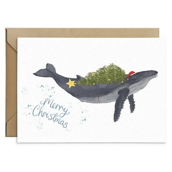 Merry Christmas Whale Card – Beautiful Watercolor Design with Holiday Cheer – Blank Inside with Envelope – Perfect for Christmas Greetings and Season's Greetings