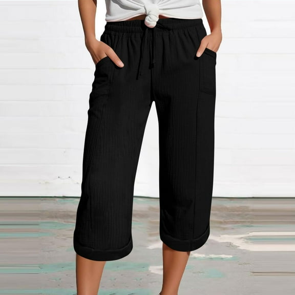 Roncen Women's Solid 3/4 Capri Pants - Summer Casual Elastic Waist Trousers with DNatural​​string & Pockets