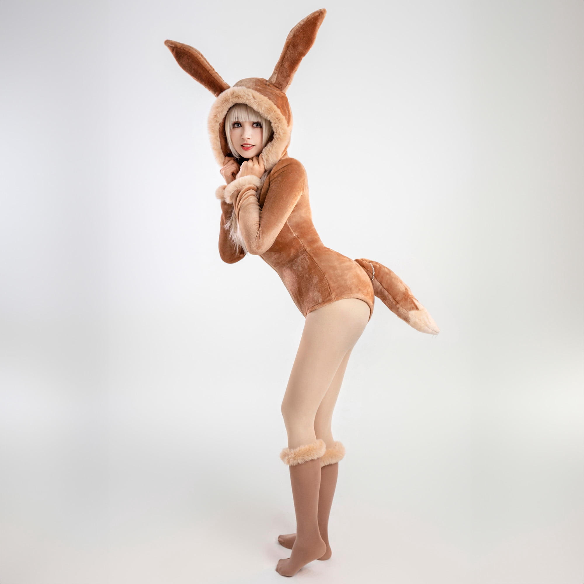 MOBBUNNY Women's PM Derivative Sexy Lingerie Bodysuit Halloween Plush Fluffy Hooded Deep V Romper with Belt and Tail, M