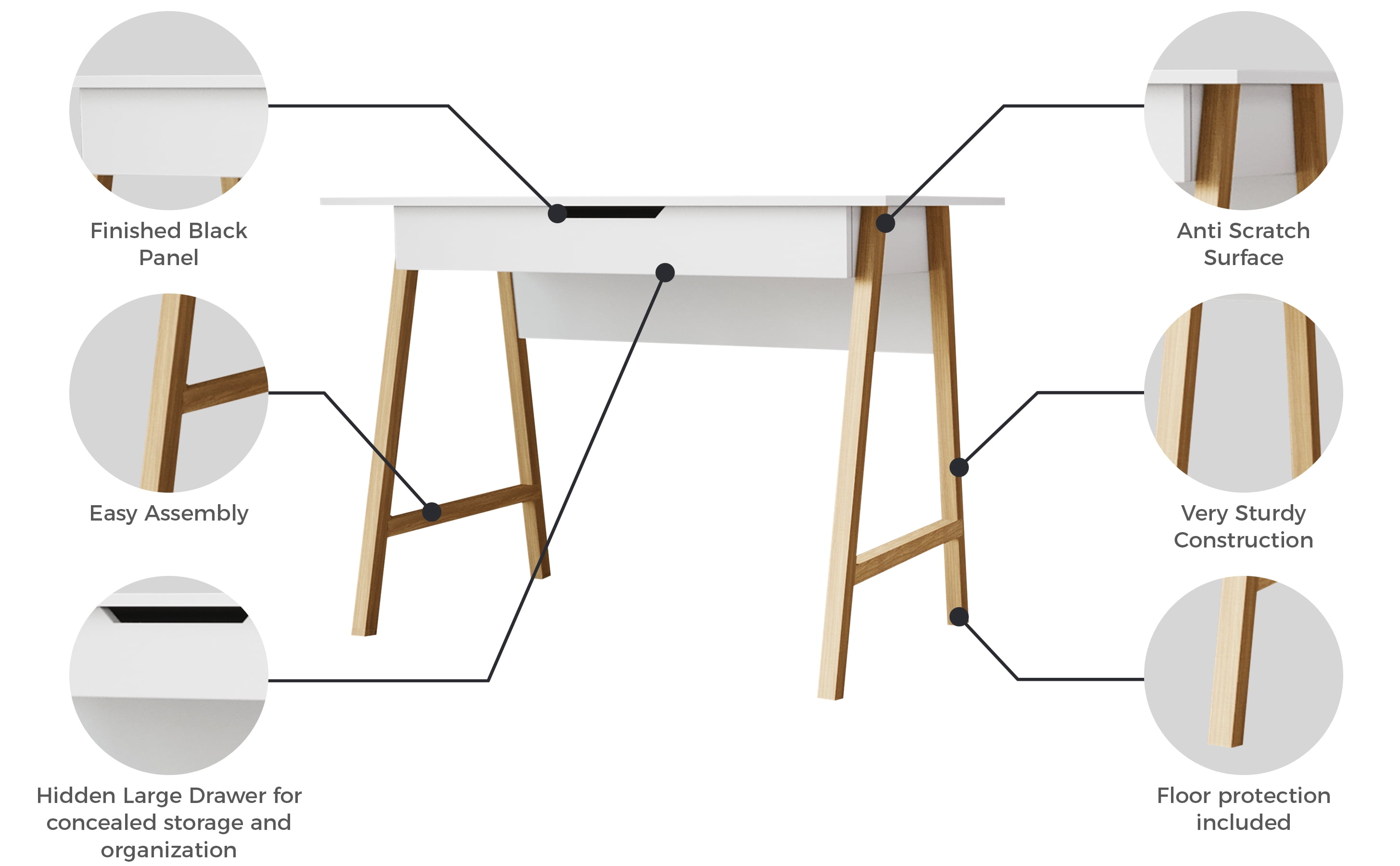 Modern Designs by Crafts and Comfort Parma 42 Inch Home Office Desk Small Computer Desk with Wide Drawer - Great for use as Workstation and Writing for Students in Bedroom or Dormroom - White