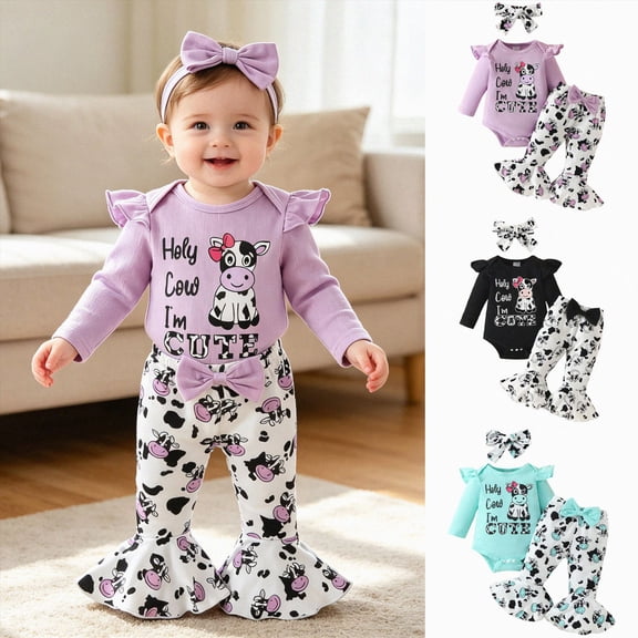 9-12 Months Newborn Baby Clothes Infant Cow Print Long Pant Set Clothes Bodysuit Newborn Pajamas
