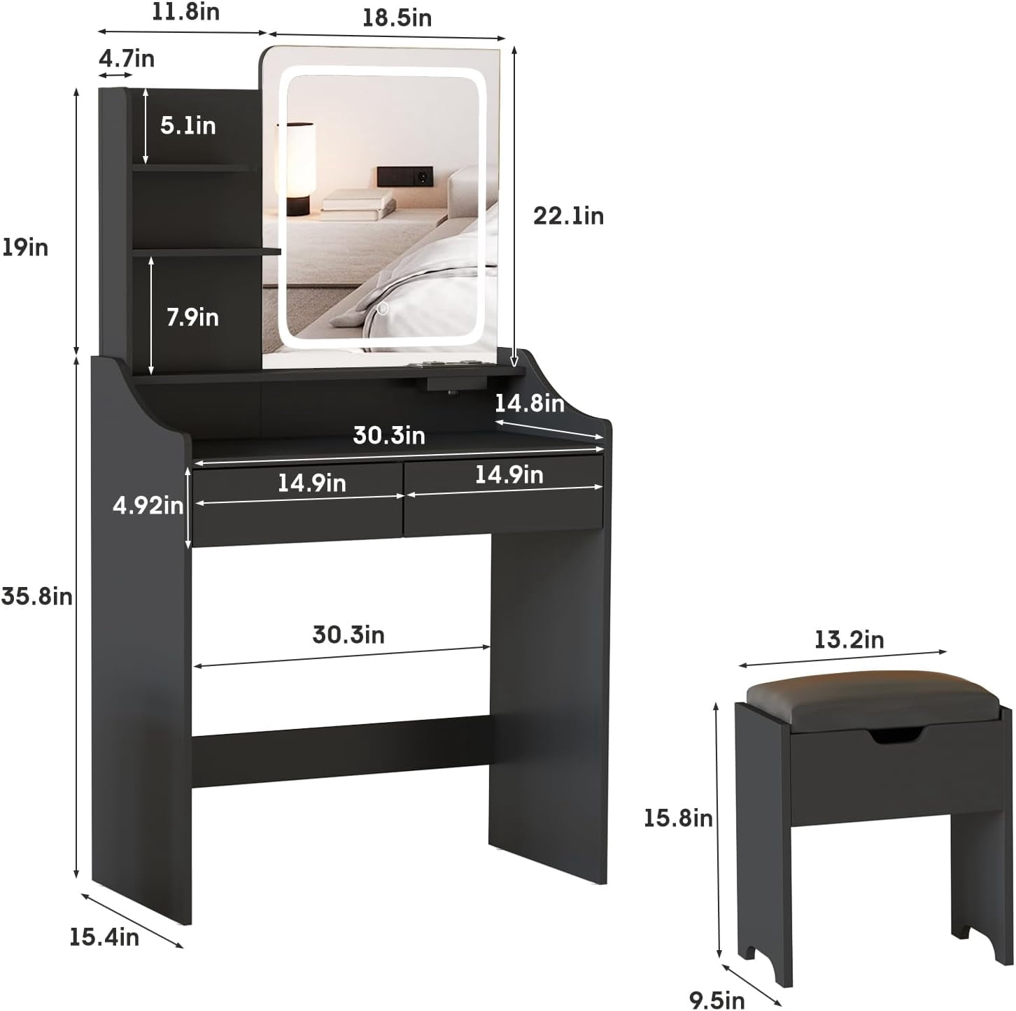 VEANERWOOD Makeup Vanity Set with Lights and Power Strip,Vanity Dressing Table with Drawers and Shelves for Bedroom,Black