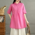 thumbnail image 6 of TKLPEHG Summer Tops for Women Crew Neck Cotton Linen Button Shirts Western Outfit for Women Leisure Solid Color Short Sleeve Blouses Fashion Lightweight Regular Blouses (Hot Pink,XL), 6 of 7