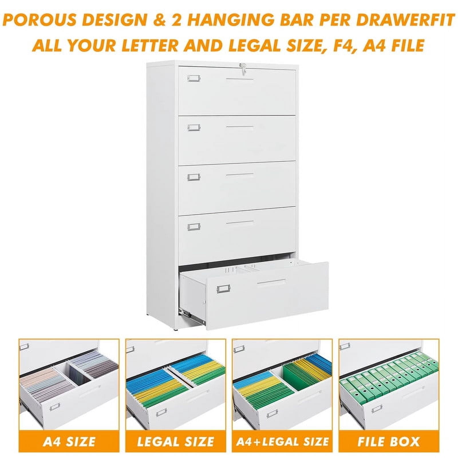 MIIIKO 5 Drawer File Cabinet with Lock, 5 Drawer Metal Filing Cabinet, Lateral Filing Cabinet with Lock for Home Office, Lockable Storage Cabinet for Hanging Files Letter/Legal/F4/A4 Size