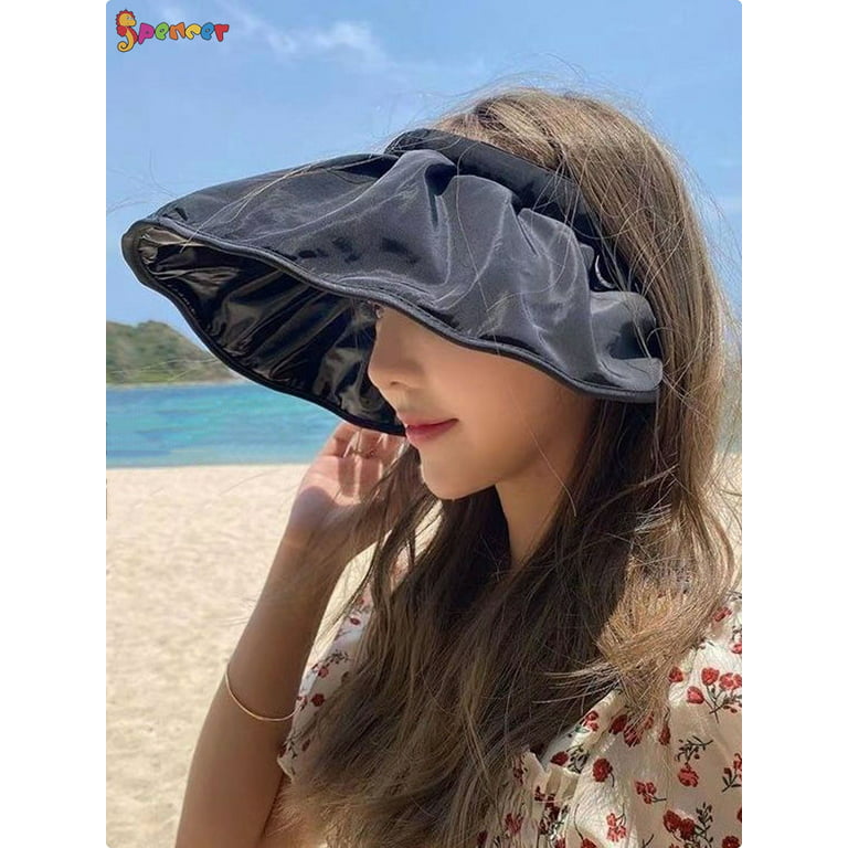 Spencer Women's 2 in 1 Sun Visor Hats Headbands Wide Brim Summer Anti-UV  Protection Beach Cap Packable Shell Hat (Black)