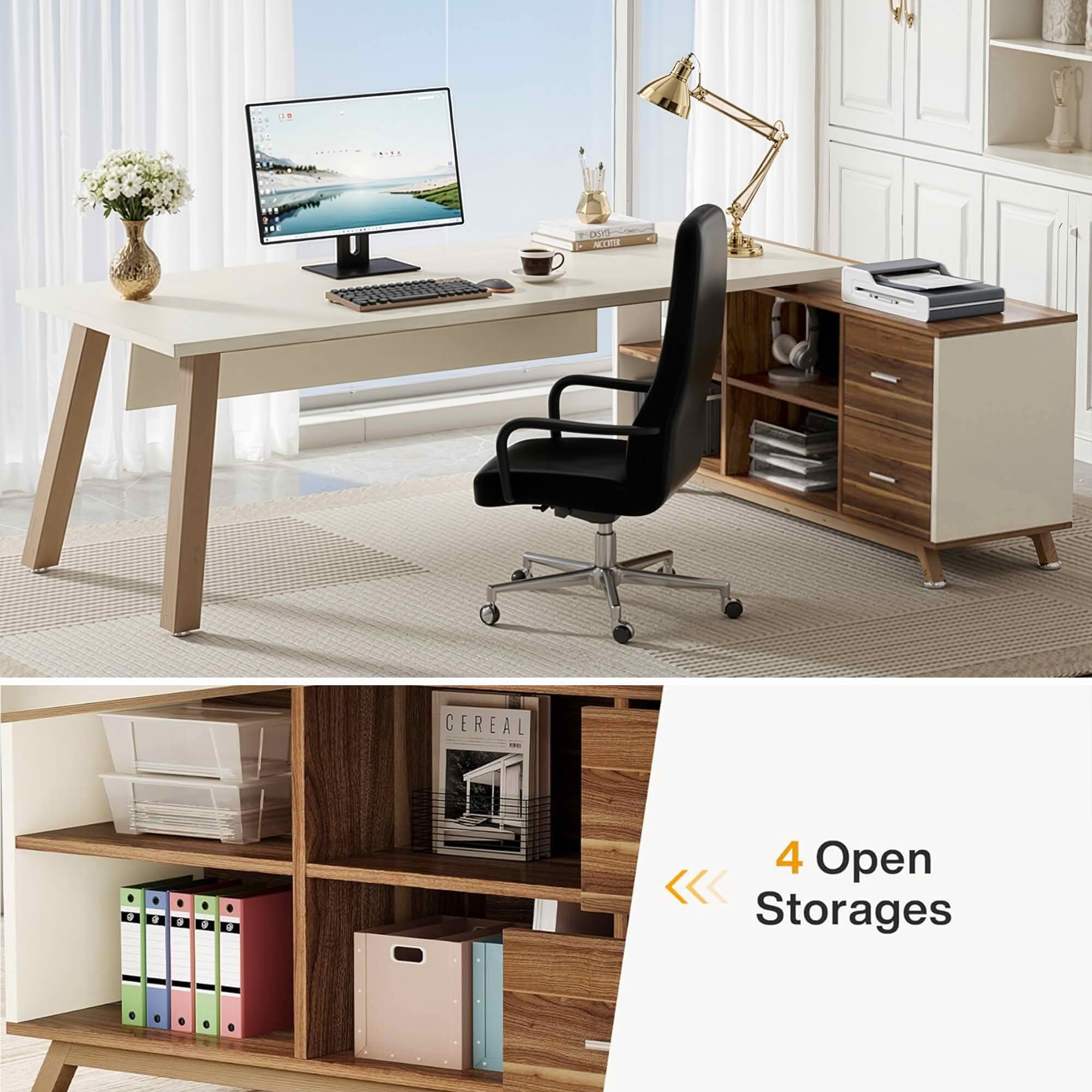 MAYEERTY 71 Inch L-Shaped Executive Computer Desk with File Drawers & Open Storage Shelves, E0-Grade Scratch Resistant Board Metal Frame Workstation for Home & Professional Office