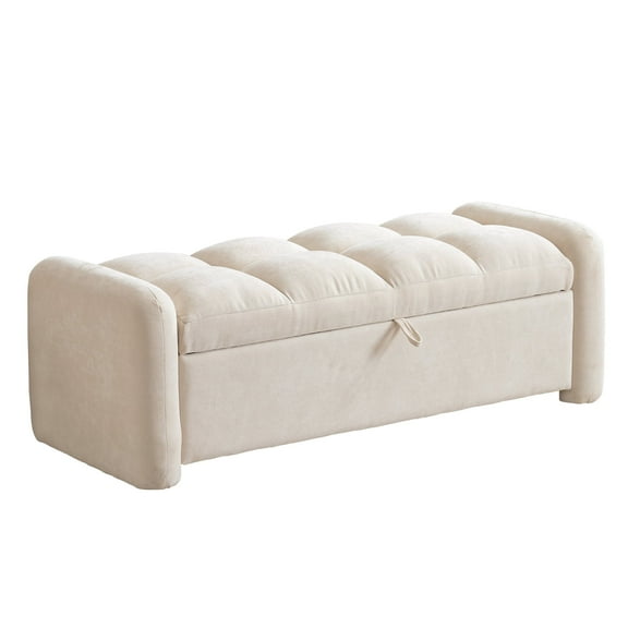 Oversized Chenille Ottoman Bench with Storage, Upholstered End of Bed Bench for Bedroom, Ottoman Foot Rest for Living Room, Beige