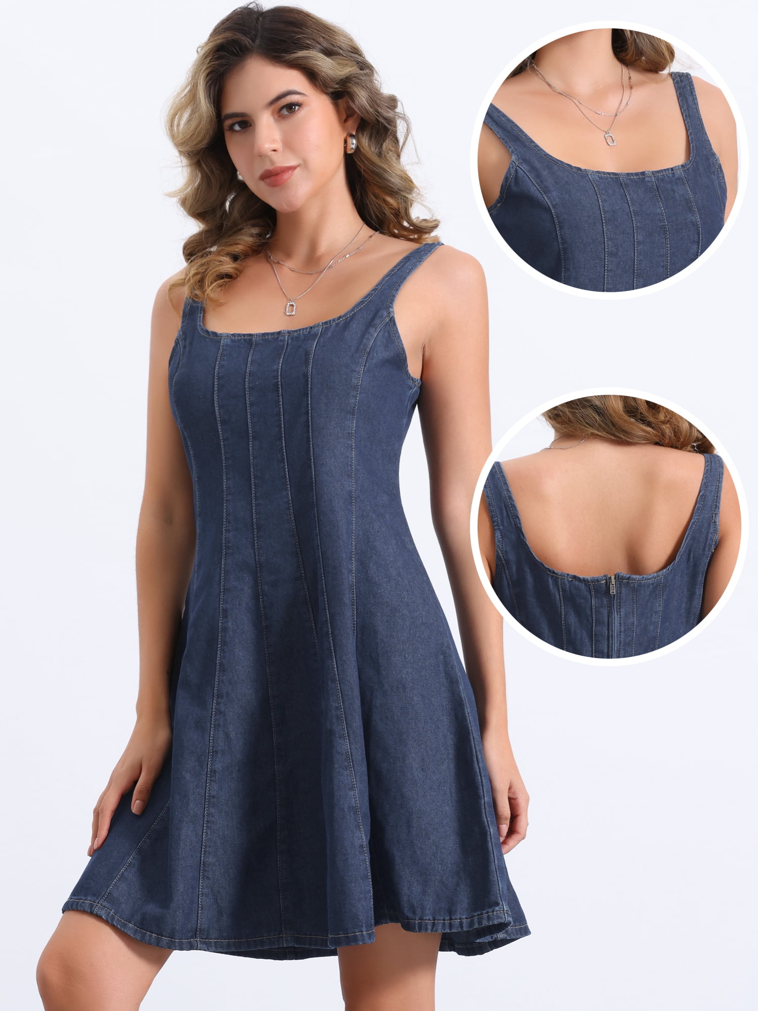 DARING DIVA Stylish Denim Casual Tank Square Neck Mini Dress S Dark Blue