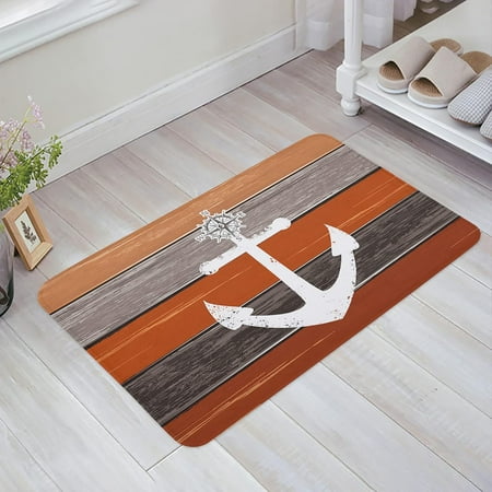

White Anchor Sponge Doormat Indoor Bathroom Mat Absorb Water Non Slip Washable Mud Dirt Trapper Mats Rugs for Entranceinch Compass Orange Brown Wood Grain 24x16 Inch